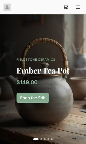 Fieldstone Ceramics, an example store built on Btab, on a phone