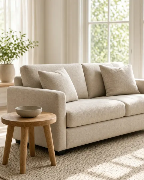 A linen sofa and an oak side table